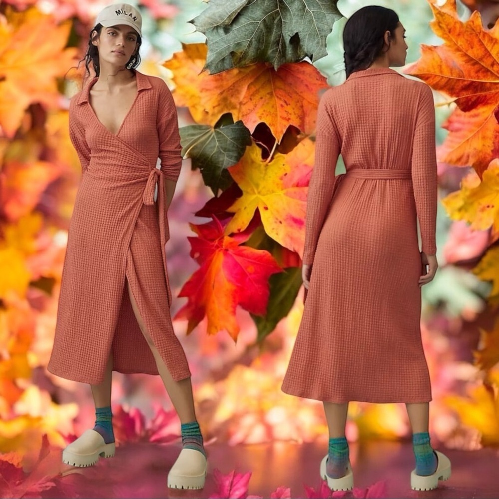 Anthropologie Waffle Wrap Midi Dress Orange‎ Women’s Size XXS